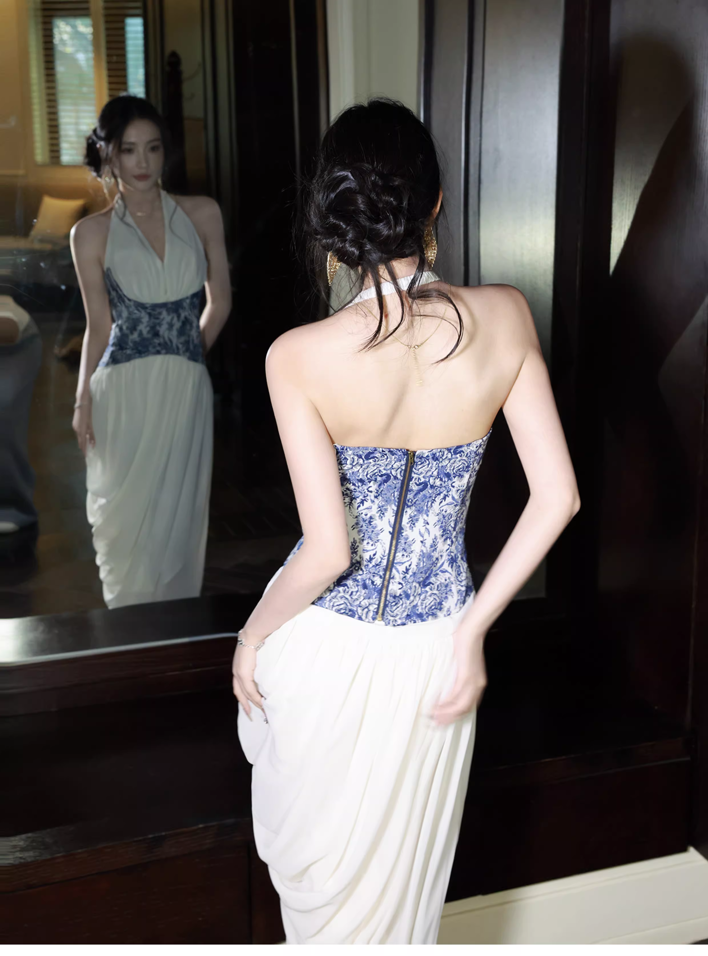 Unique Halter V Neck White Chiffon Pleated Long Prom Dress Birthday Evening Dress