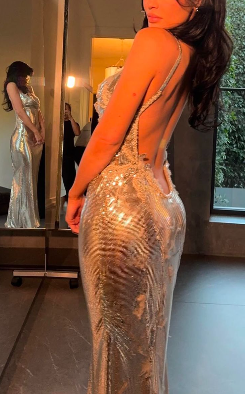 Classy Silver Spaghetti Straps Sequin Mermaid Prom Dress Backless Evening Dress