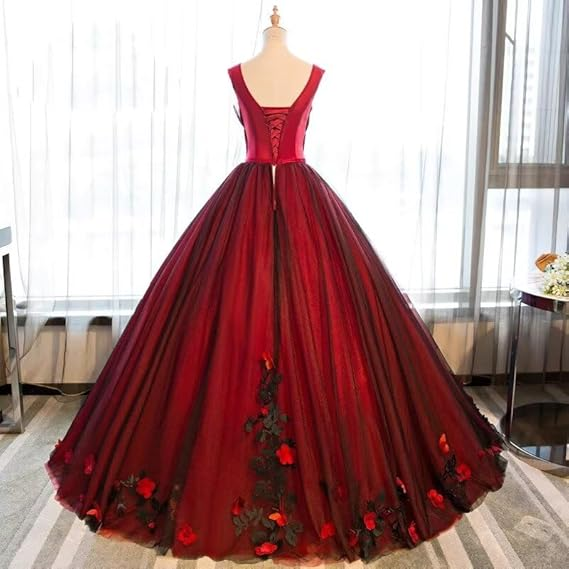 Black And Red Tulle Satin Appliques Sweet 16 Ball Gown Quinceanera Dress