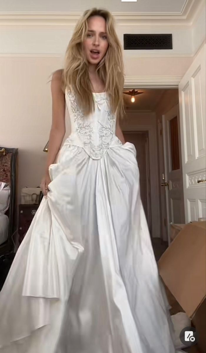 Charming Beaded Satin A Line Slit Prom Dress White Wedding Dress
