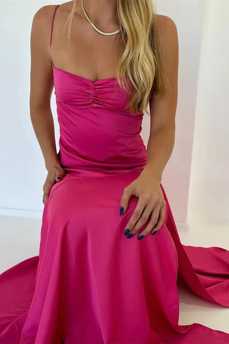 Charming Hot Pink Satin A Line Evening Dress Long Prom Party Gown