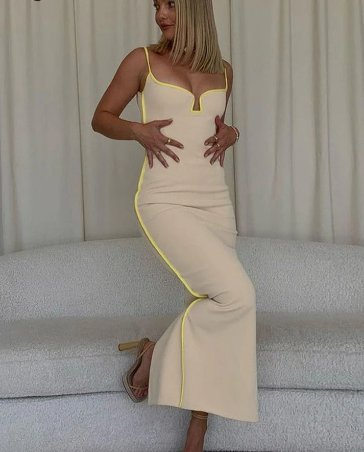 Sexy Yellow Rear Slit Satin Prom Dress Birthday Party Dress