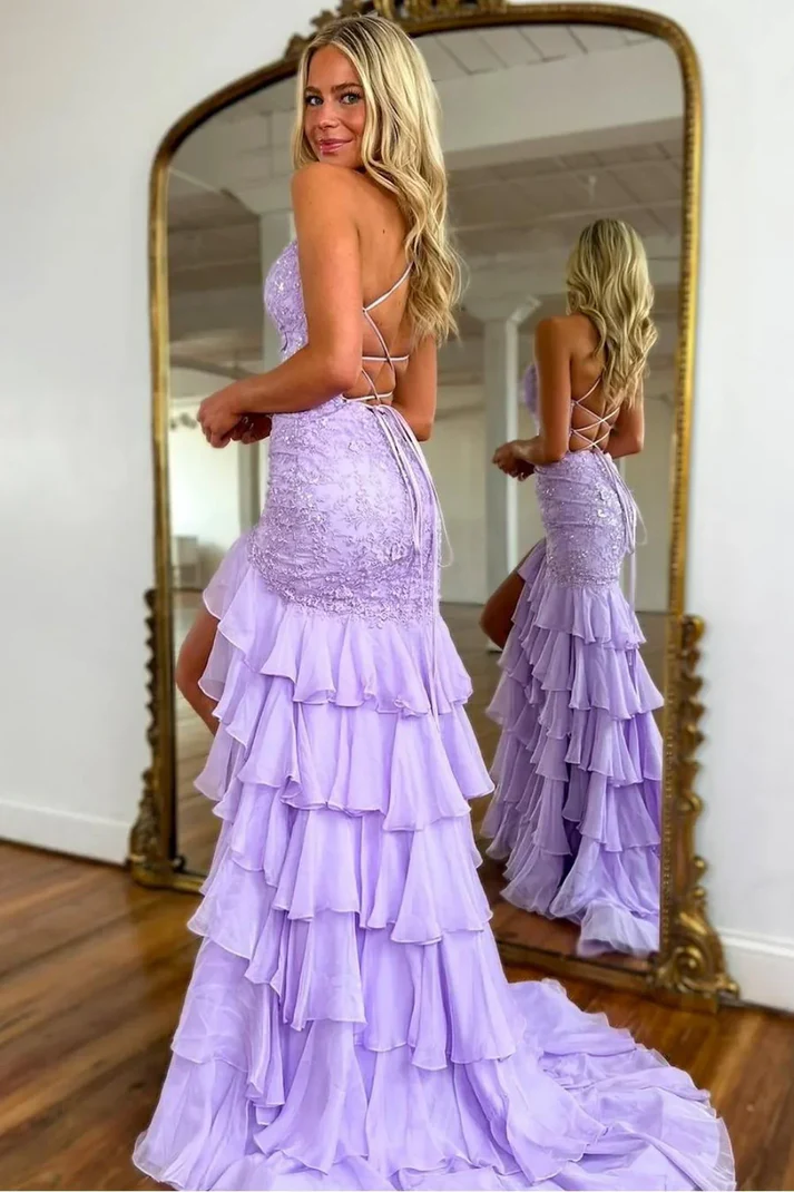 Stunning Lilac Mermaid Spaghetti Straps Silt Prom Dress Backless Lace Applique Evening Dress with Ruffles