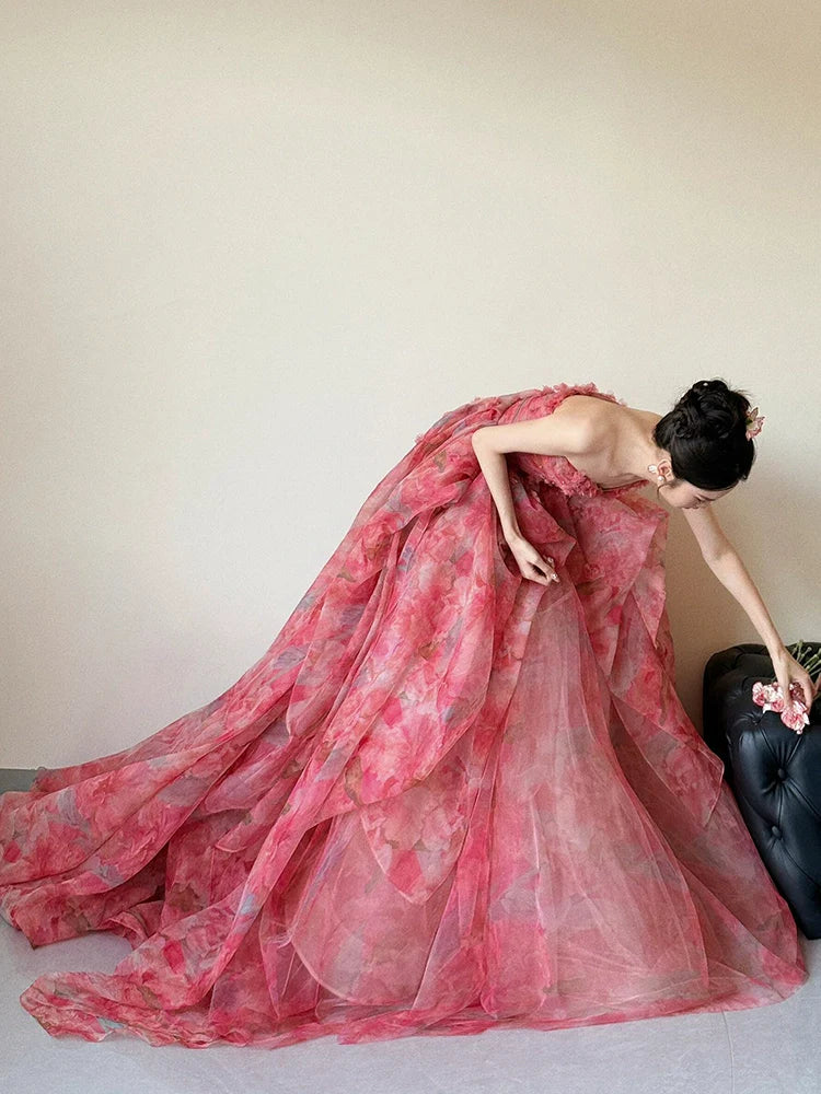 A Line Strapless Floral Print Long Prom Dress Sexy Evening Dresses