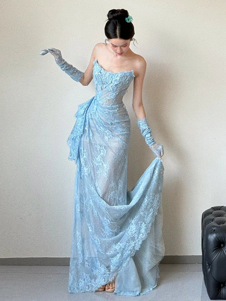 Blue Lace Mermaid Long Prom Dress Sexy Evening Dresses With Side Split
