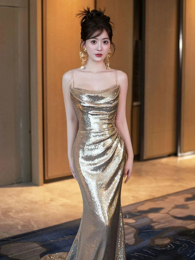 Gold Sequin Mermaid Long Prom Dress Sexy Evening Dresses