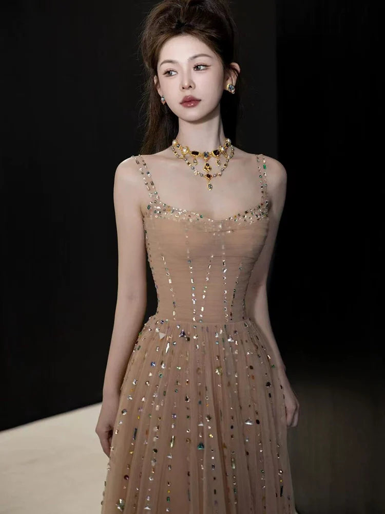 A Line Champagne Long Prom Dress Sexy Evening Dresses