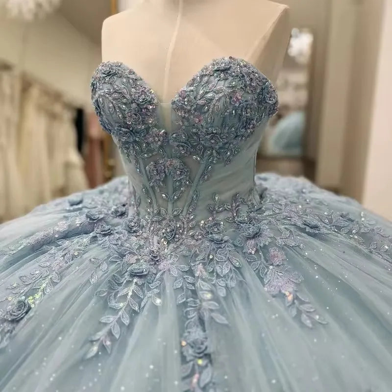 Sparkly Light Blue Quinceanera Dress Cape Flower Lace Vestidos de 15 Anos Birthday Party Princess Ball Gown