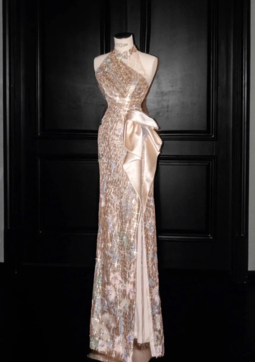 Champagne Sequin Prom Party Dress Shiny Evening Dress Birthday Outfit