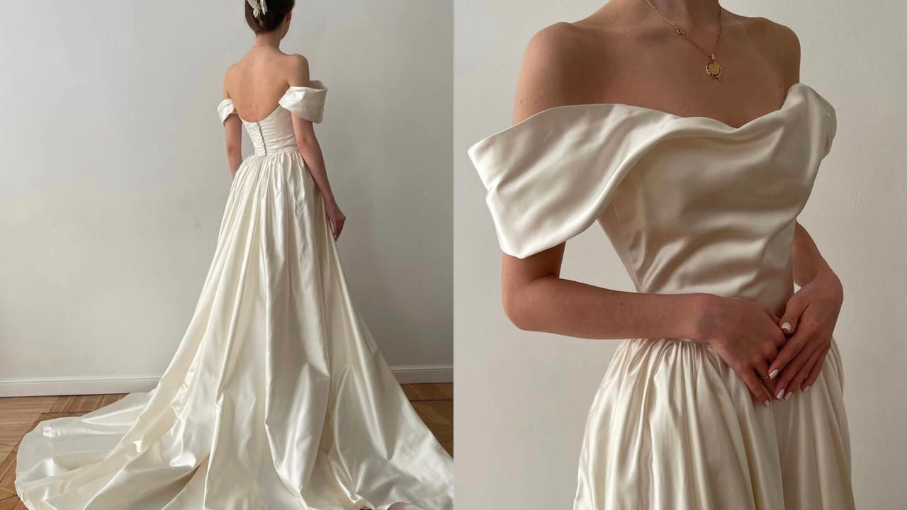 Simple white satin Bridal dress white Wedding dress With Ruffles