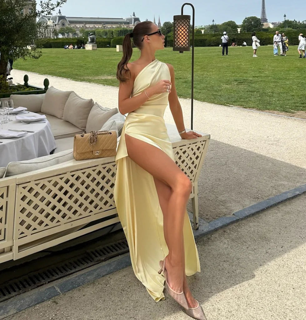 Yellow One Shoulder Prom Dress Sexy Evening Gowns