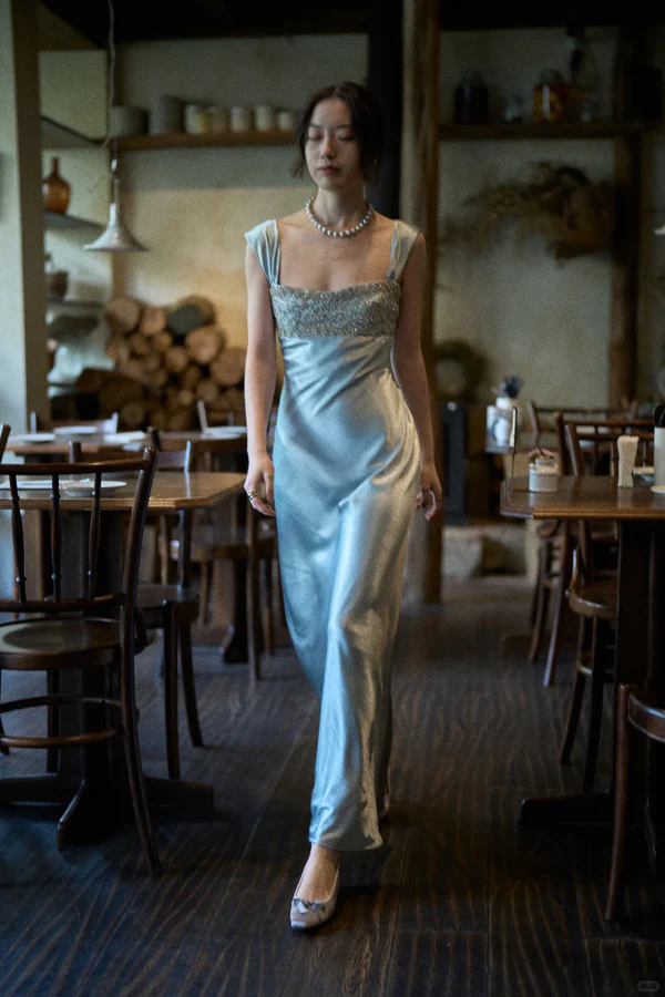 Elegant Blue A Line Straps Beaded Satin Long Prom Dress Evening Dress