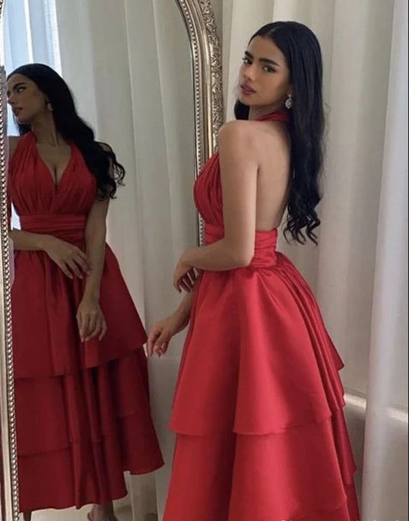 Sexy Halter V Neck Satin Layered Evening Dress A Line Party Dress