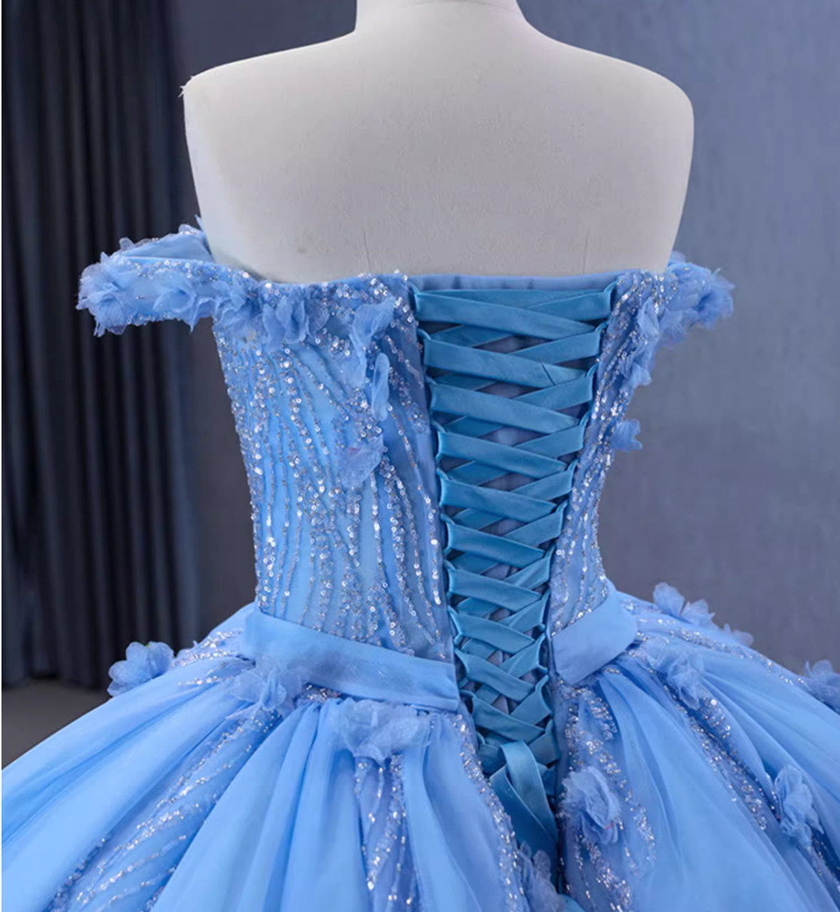 Glitter Blue Ball Gown Tulle Off the Shoulder Sequins Appliques Prom Dress