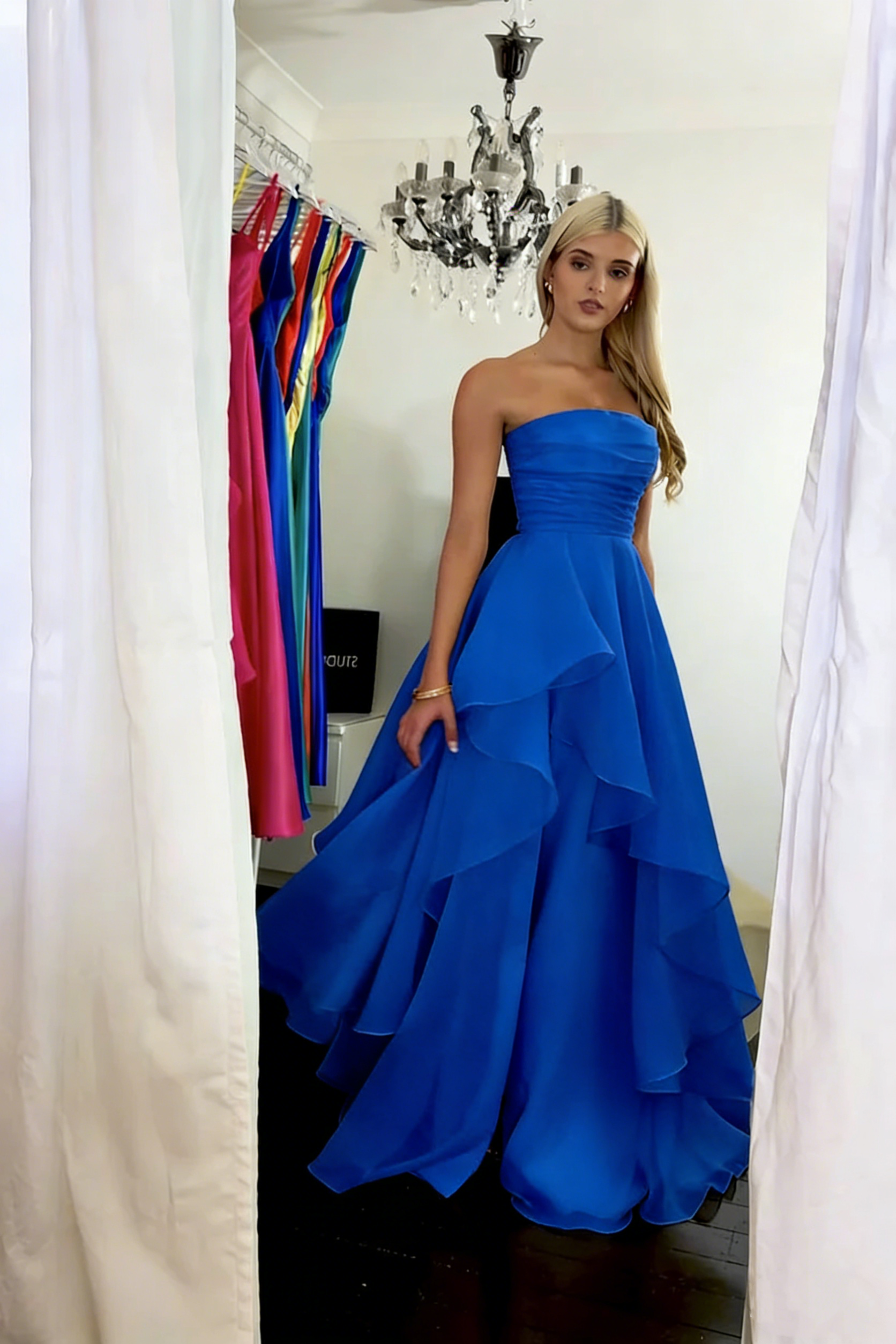 Classy Strapless Yellow Satin Tulle Slit Long Prom Dress Formal Birthday Party Dress