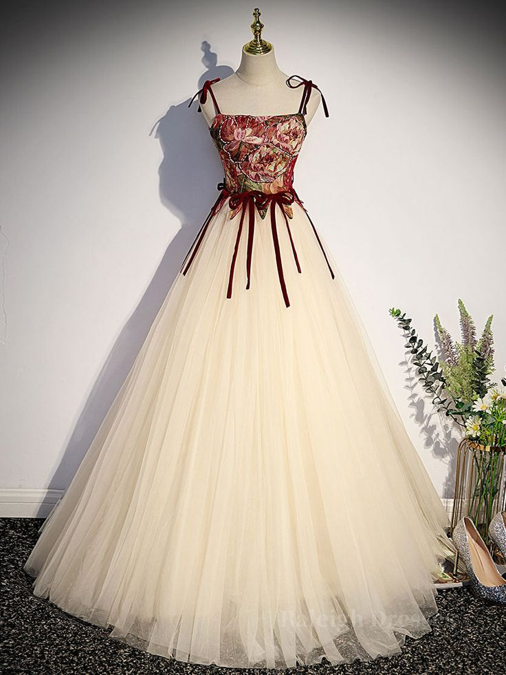 Vintage Spaghetti Straps Tulle A Line Evening Dress Elegant Party Gown