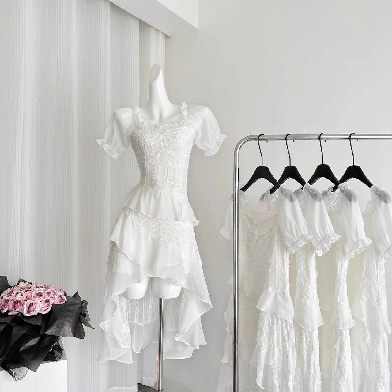 Sexy High Low Square Neckline White Lace Ruffles Dress Beach Holiday Dresses