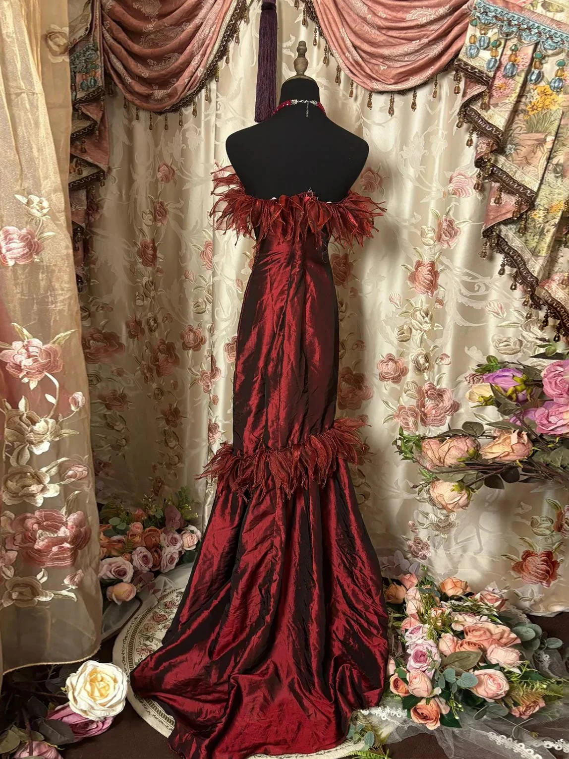 Unique Burgundy Strapless Sequin Satin Mermaid Long Wedding Guest Dress Formal Birthdya Party Dress Prom Dress