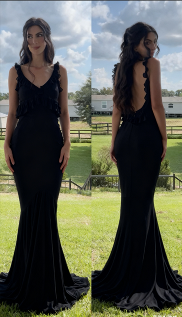 Classy V Neck Black Satin Chiffon Ruffle Mermaid Prom Dress Birthday Party Dress