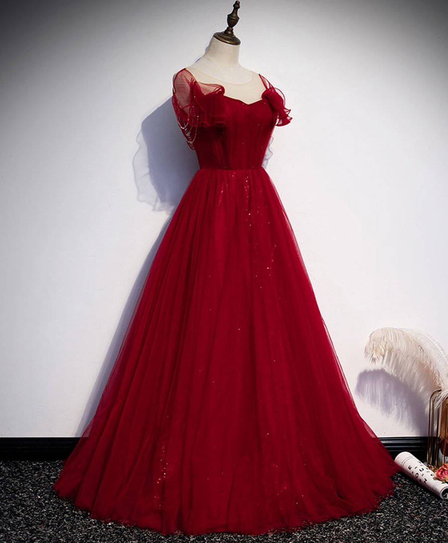 burgundy tulle round neck long prom dress burgundy evening dress