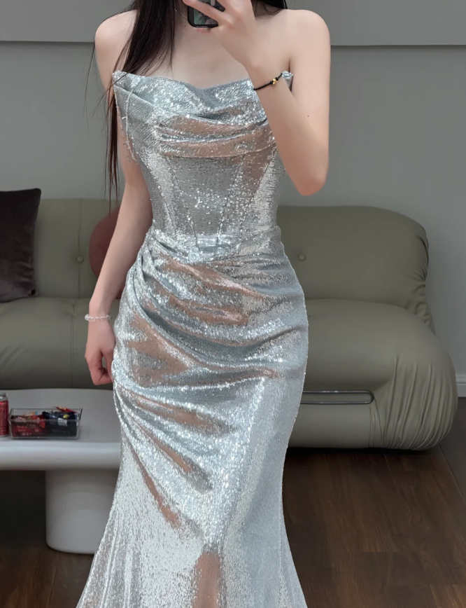 Silver Mermaid Prom Party Dress Evening Dress Birthday Outfit