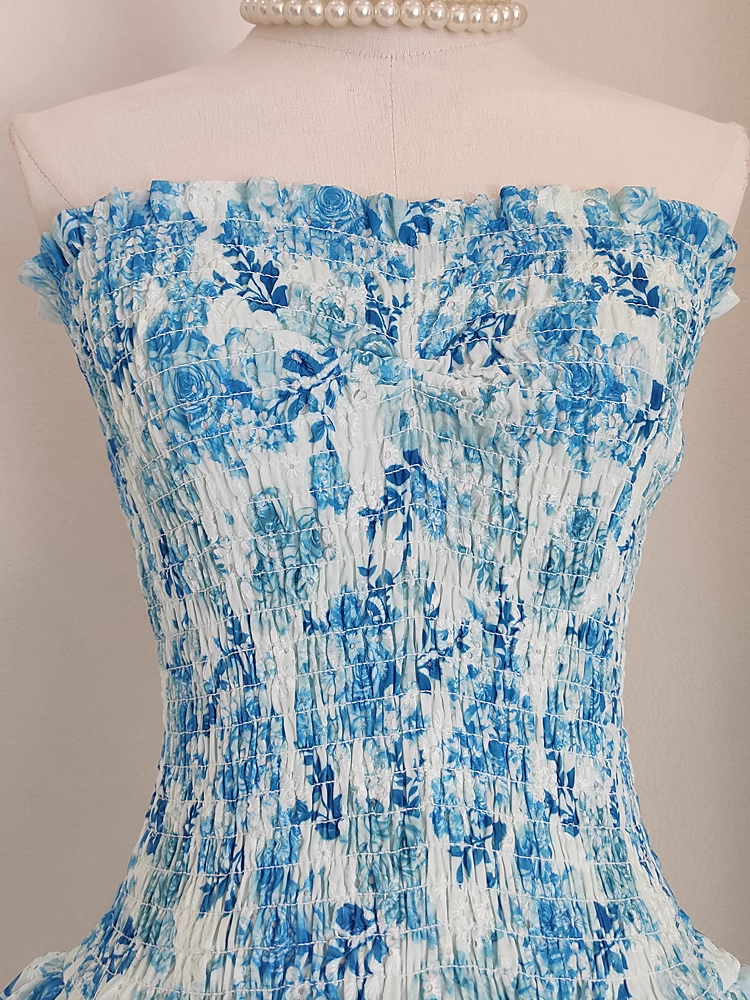 Cute A line Strapless Sleeveless Blue Floral Party Dress Short Birthday Outfits
