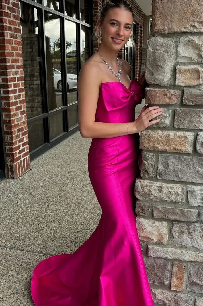 Chic Bow Strapless Mermaid Evening Dress Hot Pink Prom Dress