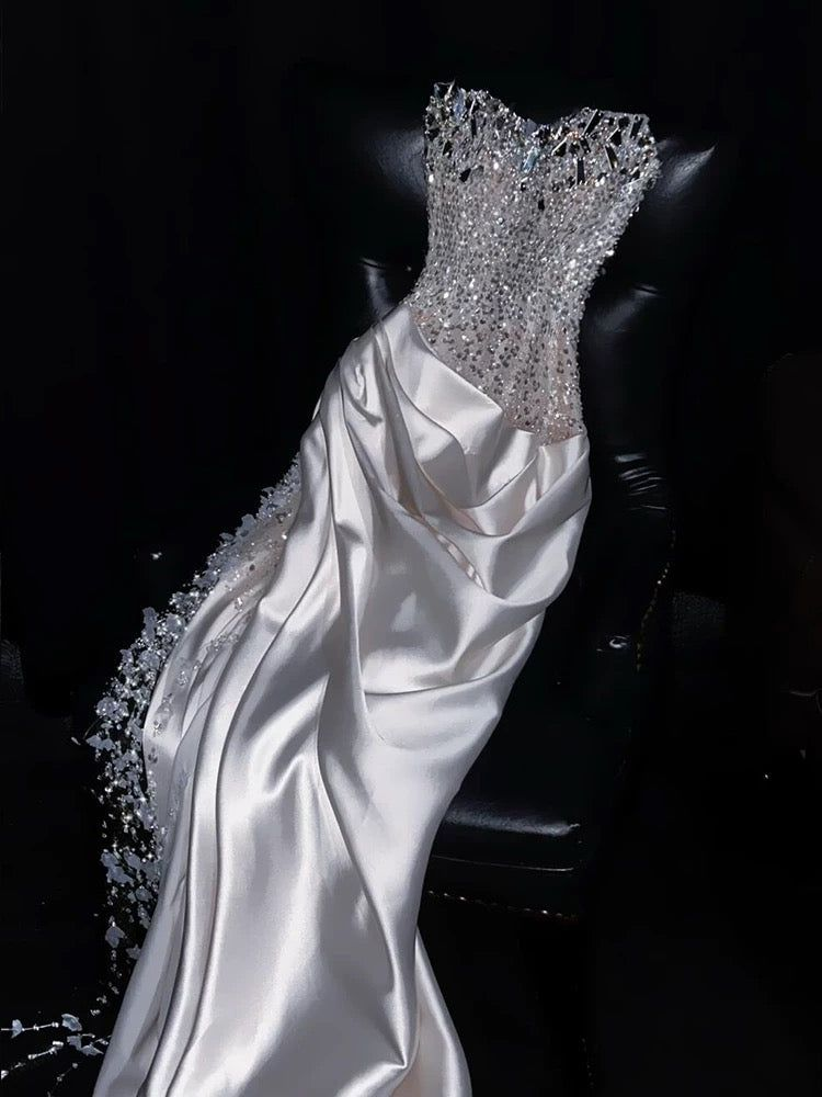 Ivory Beaded Long Prom Dress Sexy Evening Party Gown Birthday Dress