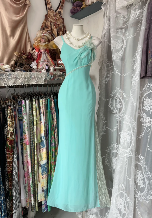 Classy Mint Green Spaghetti Straps Chiffon Beaded Mermaid Long Prom Dress Birthday Party Dress
