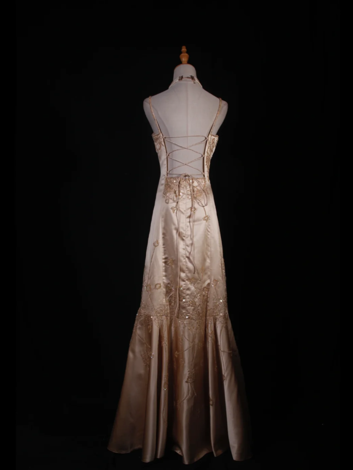 Fashion Spaghetti Straps Yellow Satin Beaded Mermaid Long Party Dress Evening Dress