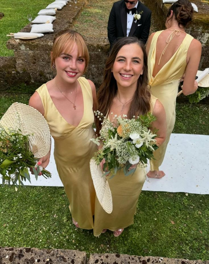 Sweet V Neck Yellow Satin Mermaid Bridesmaid Dress Long Wedding Guest Dress