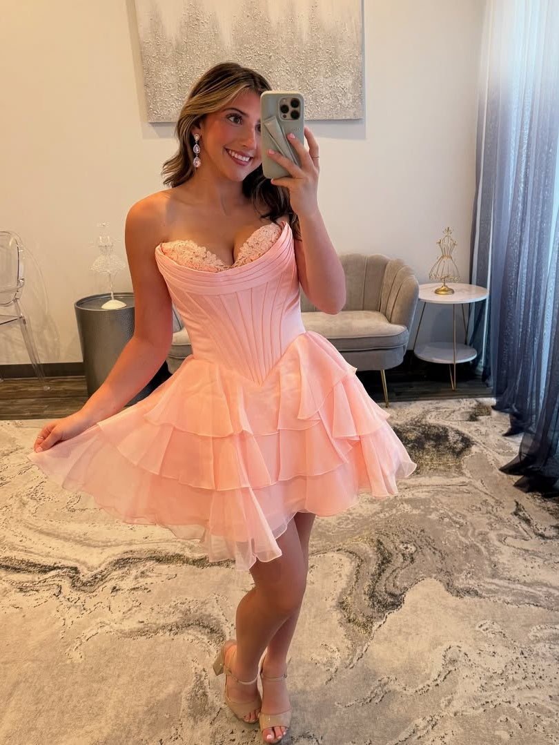 Gorgeous A Line Sweetheart Yellow Corset Homecoming Dress with Appliques Ruffles
