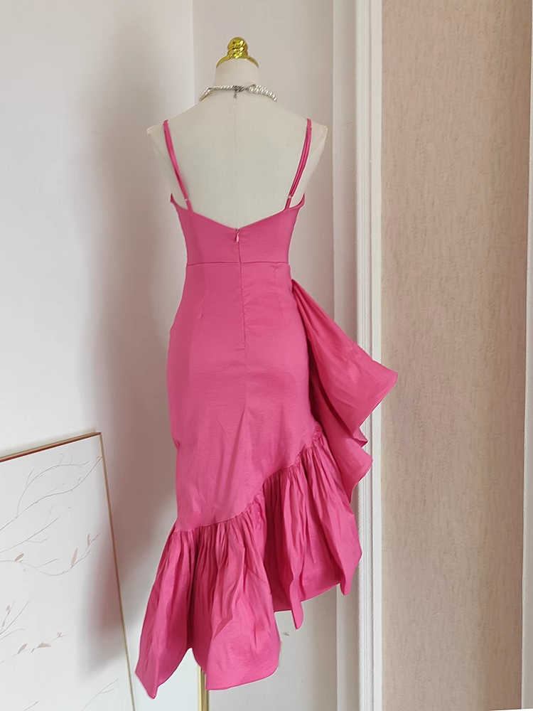 Sexy Sheath Spaghetti Straps Hot Pink Satin Dinner Party Dresses Birthday Outfits