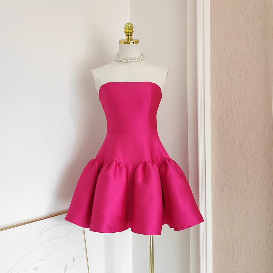 Cheap A line Strapless Hot Pink Satin Short Homecoming Dresses Birthday Outfits