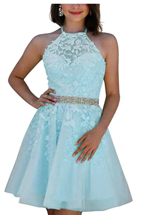 Corset Halter Short Graduation Dress White Lace Cocktail Party Dress for Junior Girls Beaded Belt