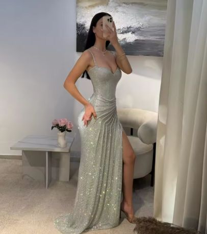 Gorgeous Spaghetti Straps Silver Sequin Side Slit Long Prom Dress Evening Dress