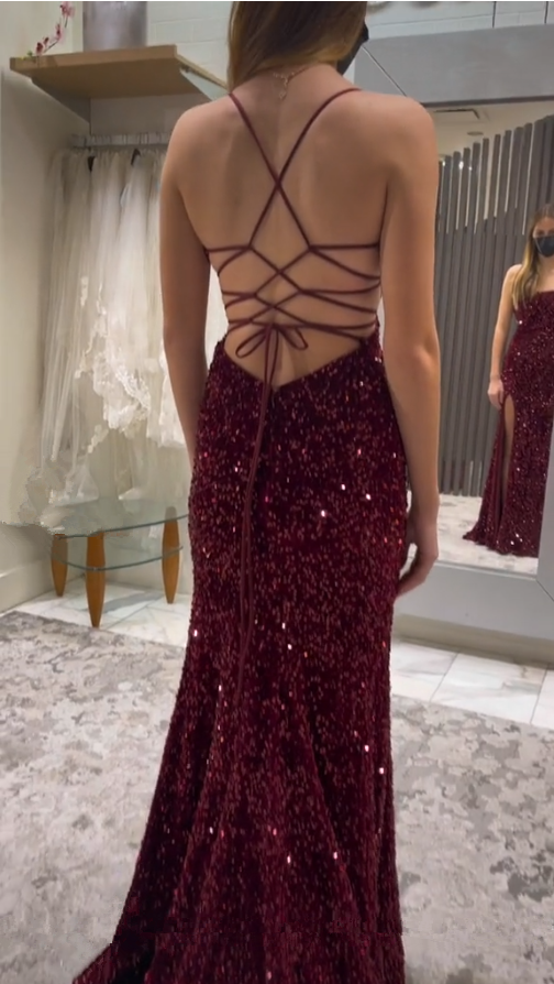 Sexy Mermaid Spaghetti Straps Burgundy Sequin Prom Dresses Party Dress