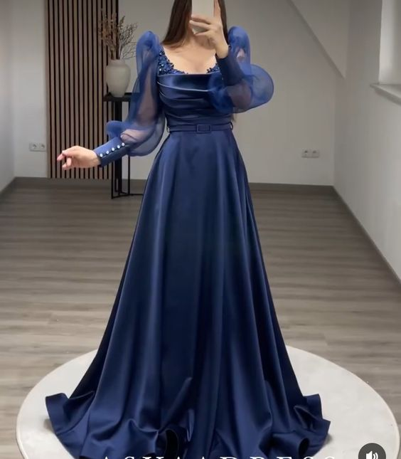 Elegant A-line Puffy Sleeves Prom Dress, Evening Dress