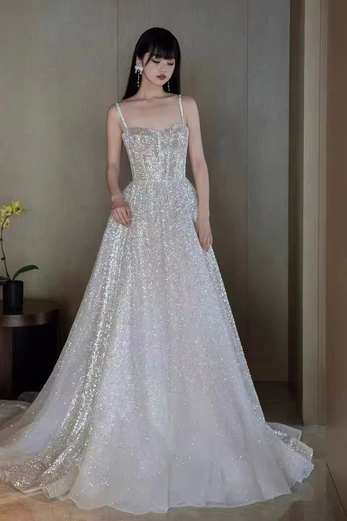Glitter Spaghetti Straps Tulle Silver Sequin A Line Birthday Party Dress Long Evening Dress Prom Gown
