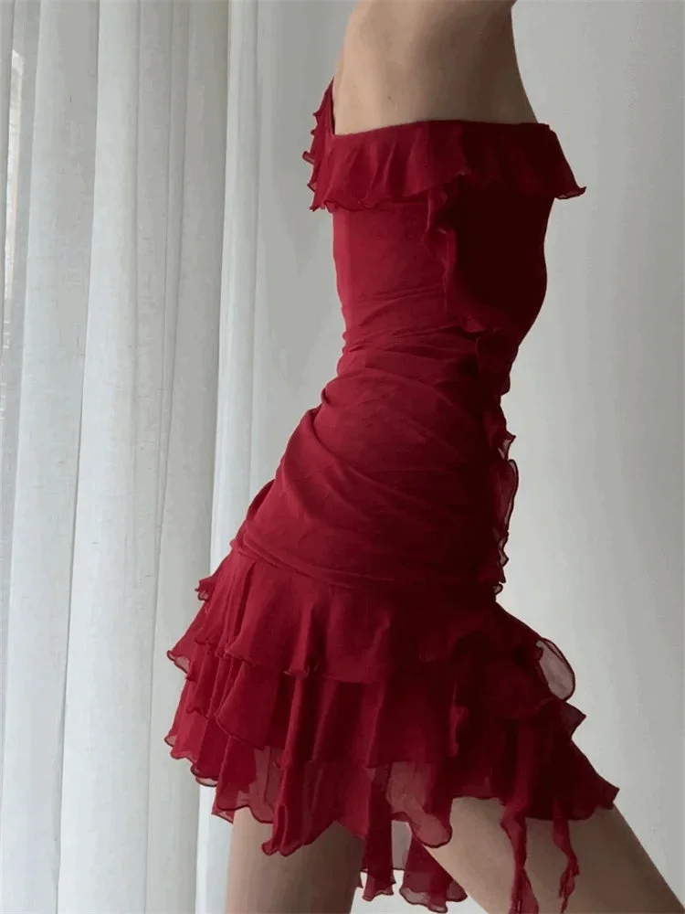 Classy Sleeveless Irregular Ruffles Chiffon Short Party Dress Red One Shoulder Graduation Homecoming Dress