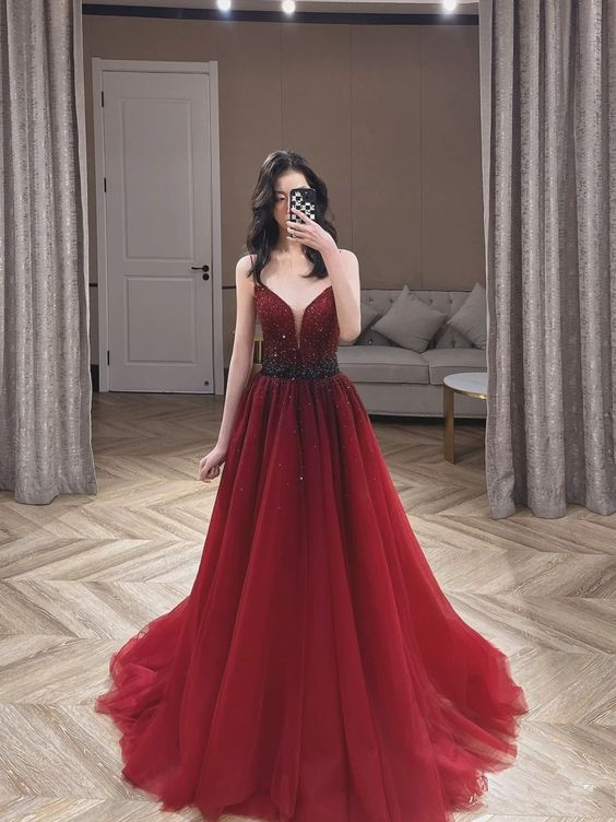 Burgundy Tulle Beaded Long Prom Dress, A-Line Spaghetti Strap Evening Dress