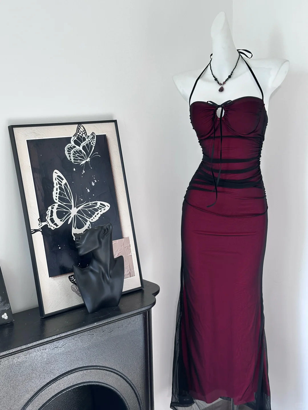 Vintage Spaghetti Straps Burgundy Bodycon Long Party Dress Birthday Dress