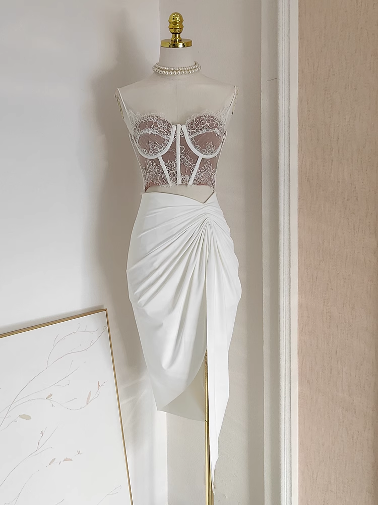 Modest 2 Pieces Top and Skirt Ivory Women's Long Vacation Dresses