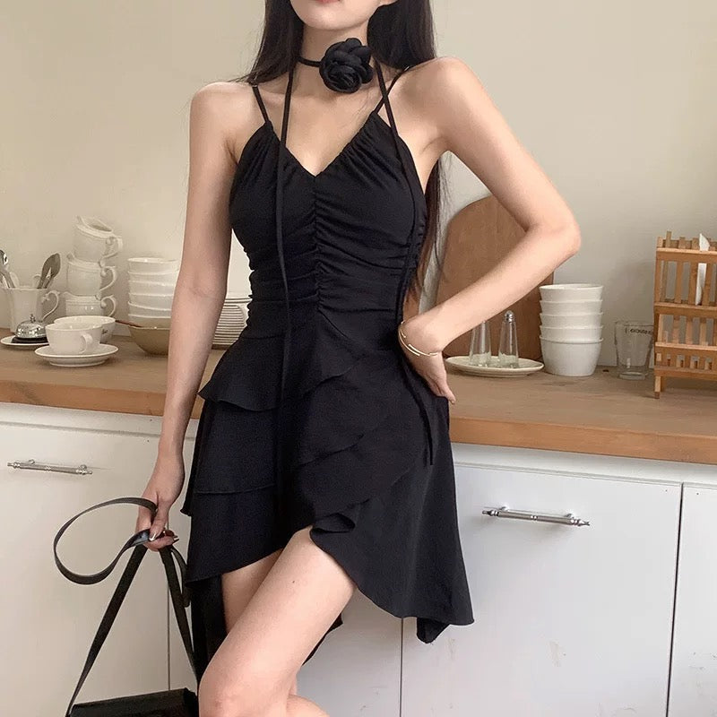 Simple A line Irregular Hem Spaghetti Straps Little Black Dresses Short Satin Birthday Outfit