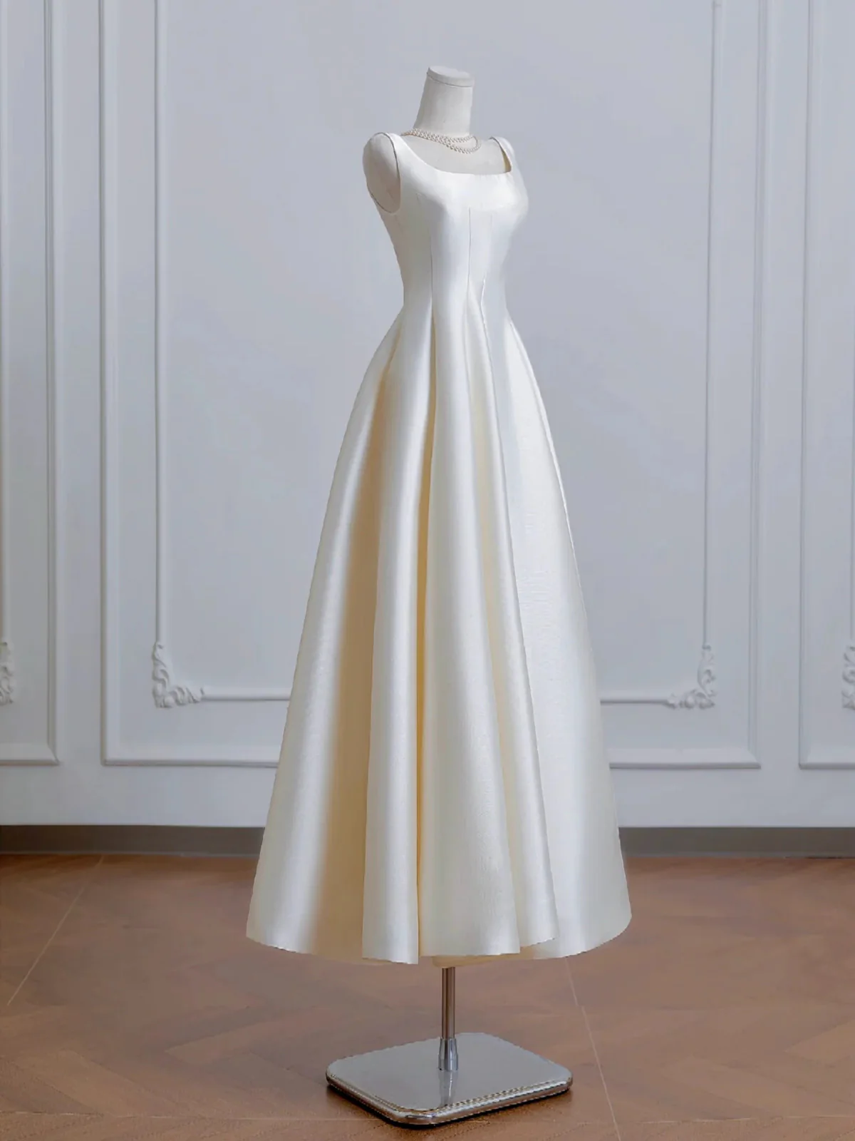 Ivory Satin Tea Length Simple Style Wedding Party Dress, Ivory Satin Prom Dress Formal Dress