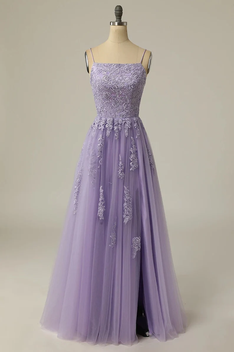 A Line Bateau Appliques Spaghetti-Straps Sleeveless Prom Dresses