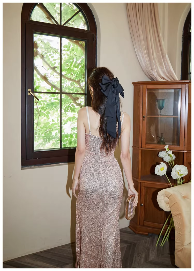 Sparkly Spaghetti Straps Champagne Gold Sequin Slit Mermaid Long Prom Dress Evening Gown
