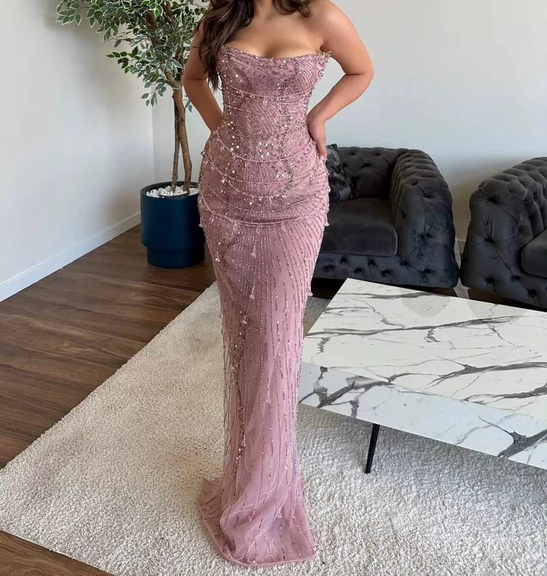 Classy Mermaid Strapless Tulle Pink Long Evening Dress Prom Dresses With Beads