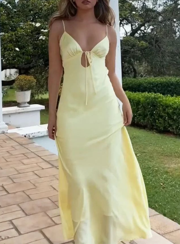 Simple Spaghetti Straps Backless Yellow Sheath Long Prom Evening Dress