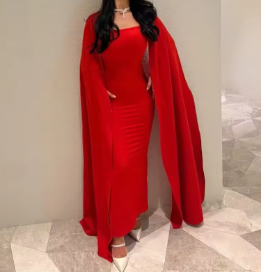 Red Satin Mermaid Evening Dress Saudi Arabia Prom Dresses